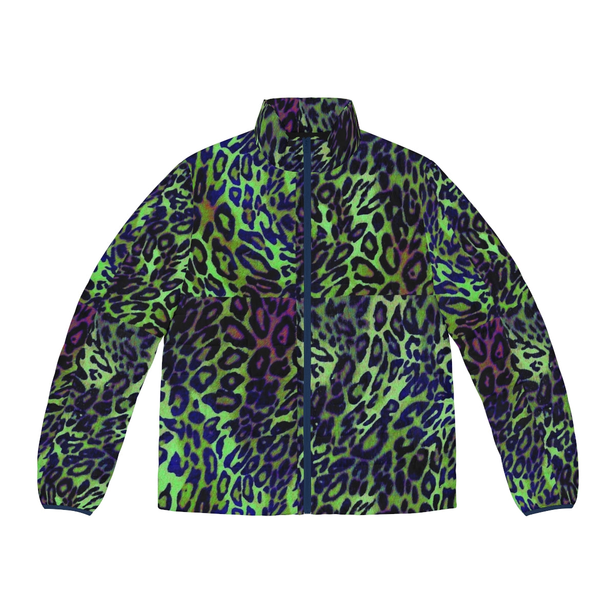 Colorful leopard skin pattern puffer jacket in shades of green and blue