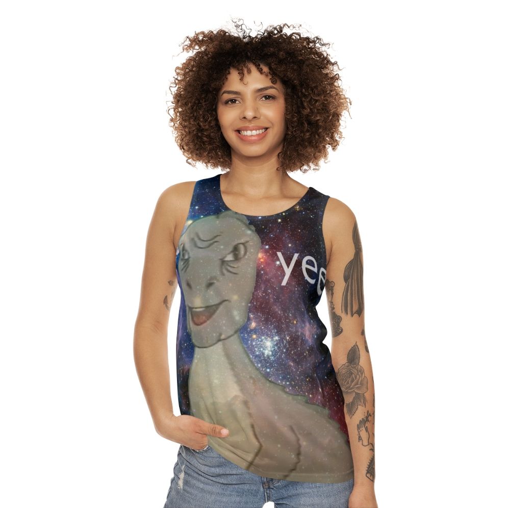 Cosmic Yee Unisex Tank Top with Dinosaur Meme Design - women