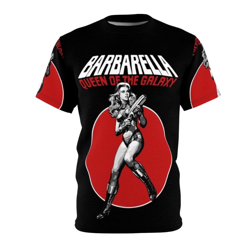 Retro science fiction-inspired t-shirt featuring Barbarella, the iconic character played by Jane Fonda in the 1960s cult classic film.