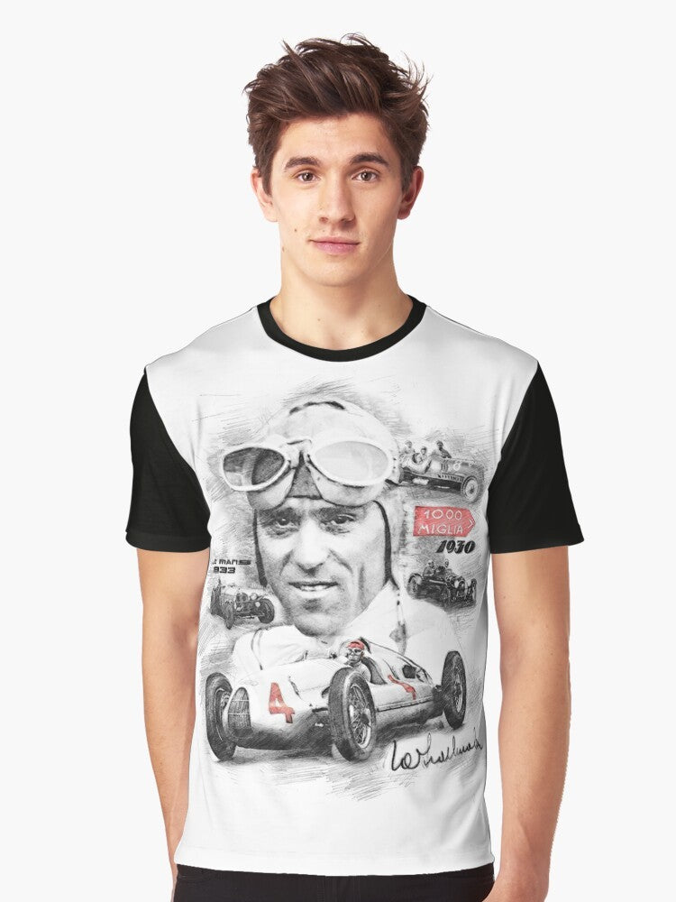 Vintage motorsports graphic t-shirt featuring legendary racing driver Tazio Nuvolari - Men