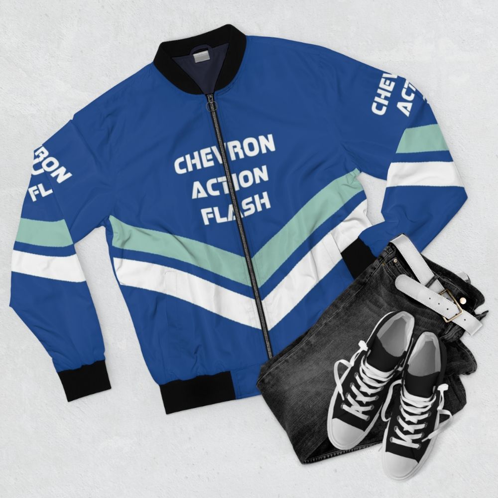 Retro-style Chevron Action Flash Bomber Jacket - Flat lay