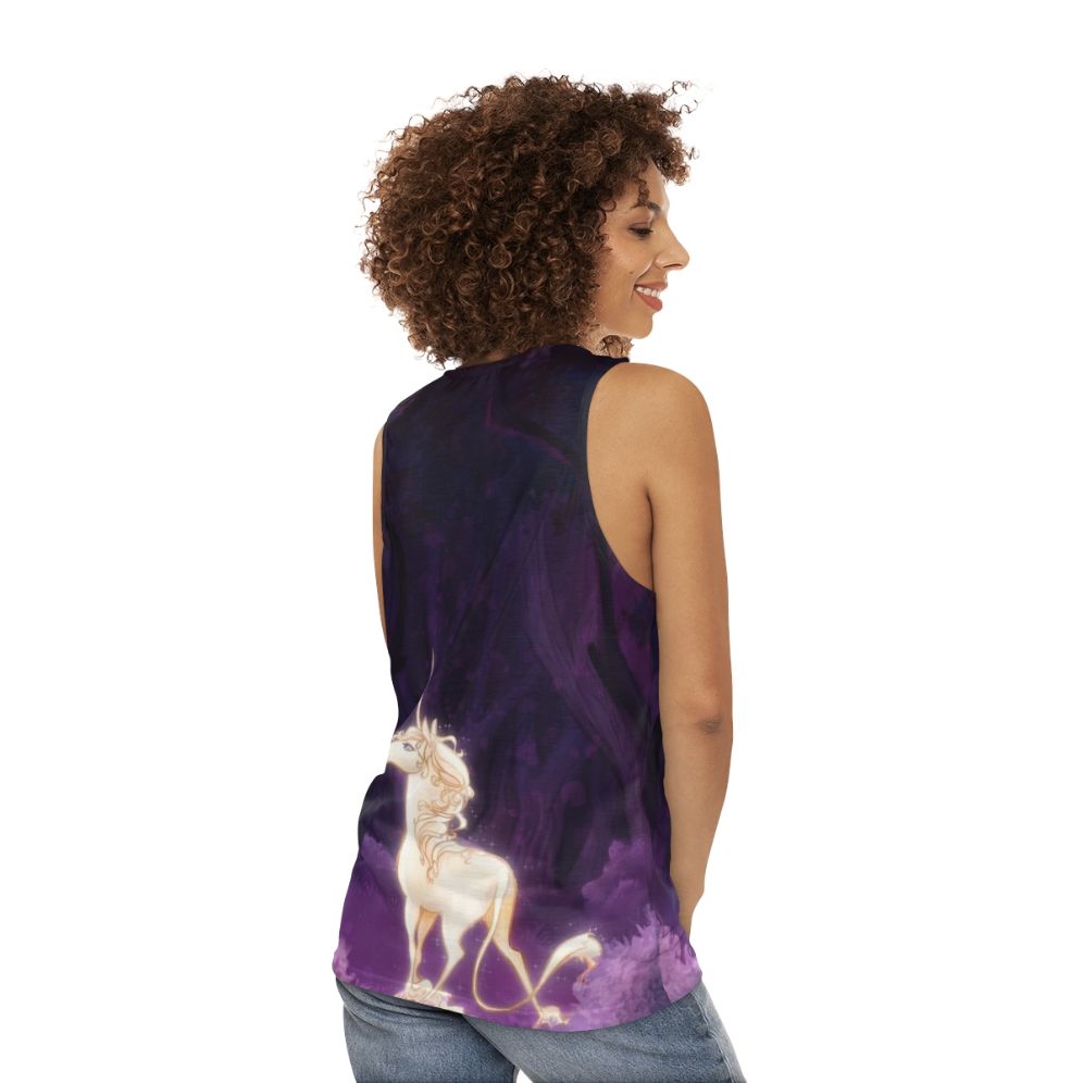 Unisex tank top with a unicorn in a lilac woodland design - women back