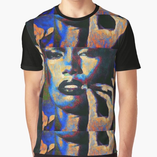 Grace Jones inspired graphic t-shirt featuring a street art-style illustration of the iconic musician