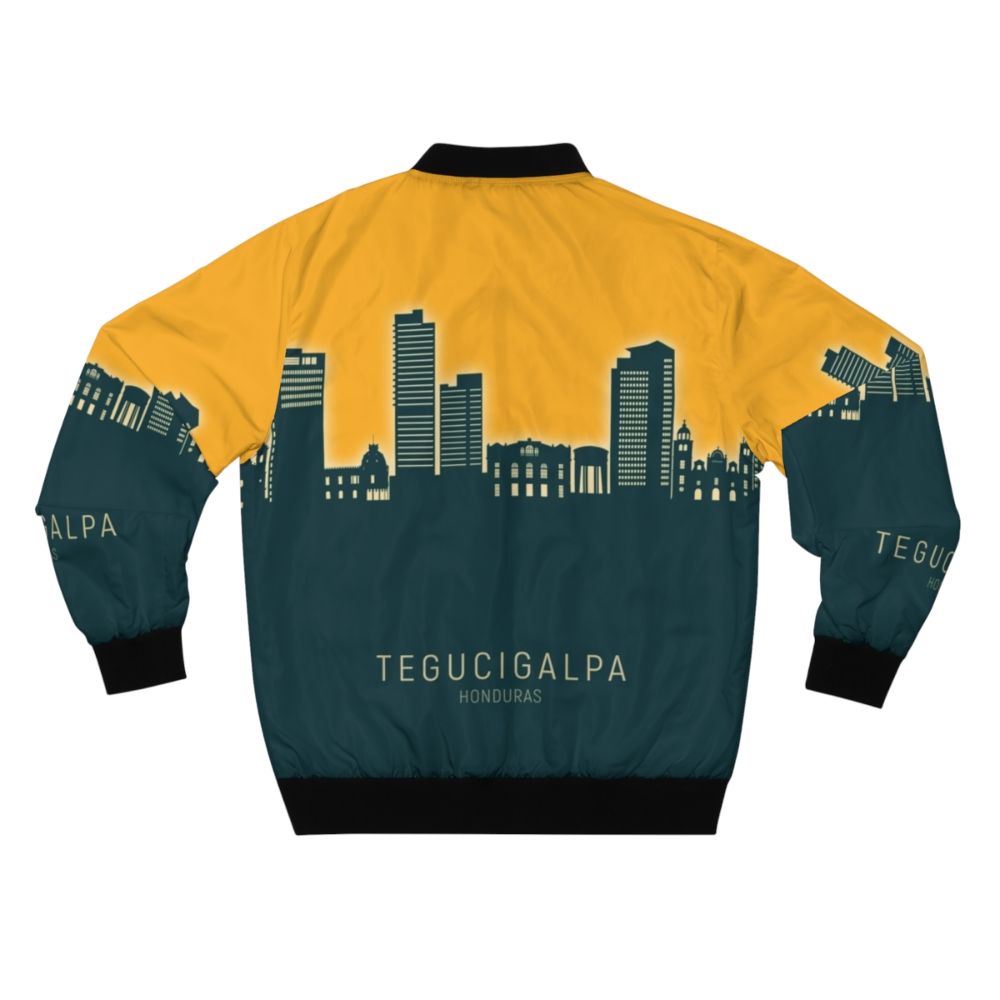 Tegucigalpa Honduras Skyline Bomber Jacket with Neon, Teal, and Orange Cityscape Design - Back