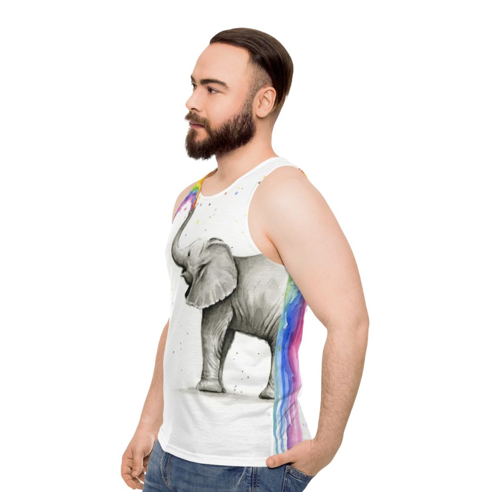 Baby elephant spraying rainbow watercolor design on unisex tank top - men side