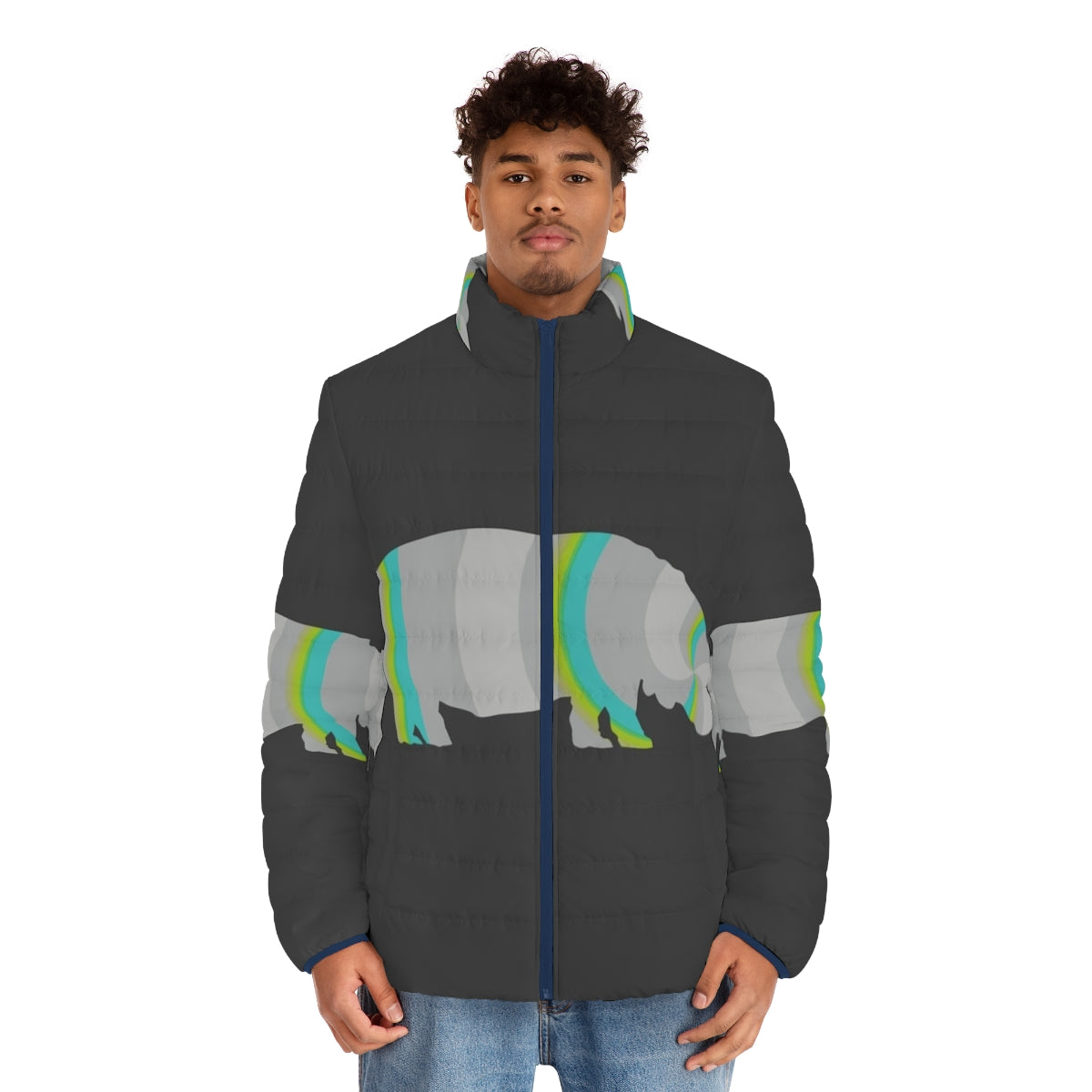 Legendary Hippo Puffer Jacket with Vibrant Animal Art Design - men front