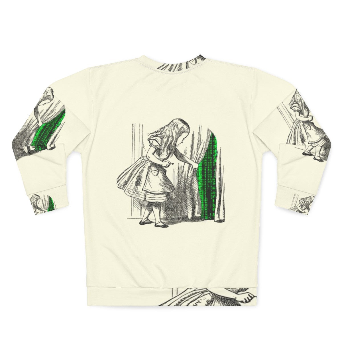 Follow the White Rabbit themed sweatshirt design with Alice in Wonderland and Matrix crossover elements - Back