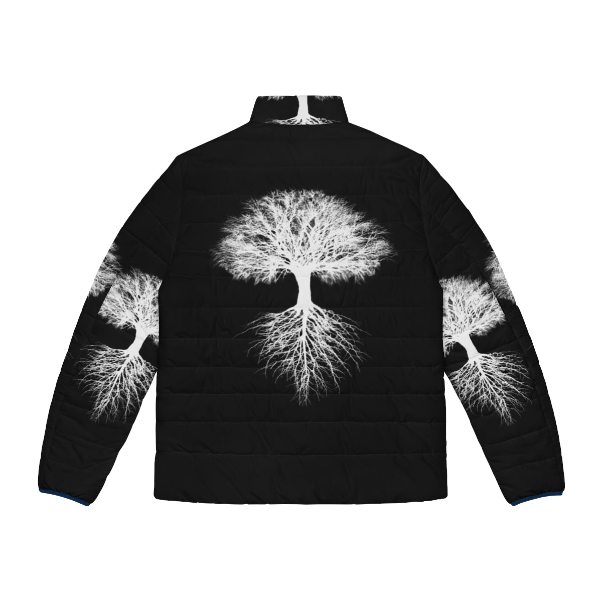 A person wearing a puffer jacket with a tree of life design, representing nature and environmental conservation. - Back