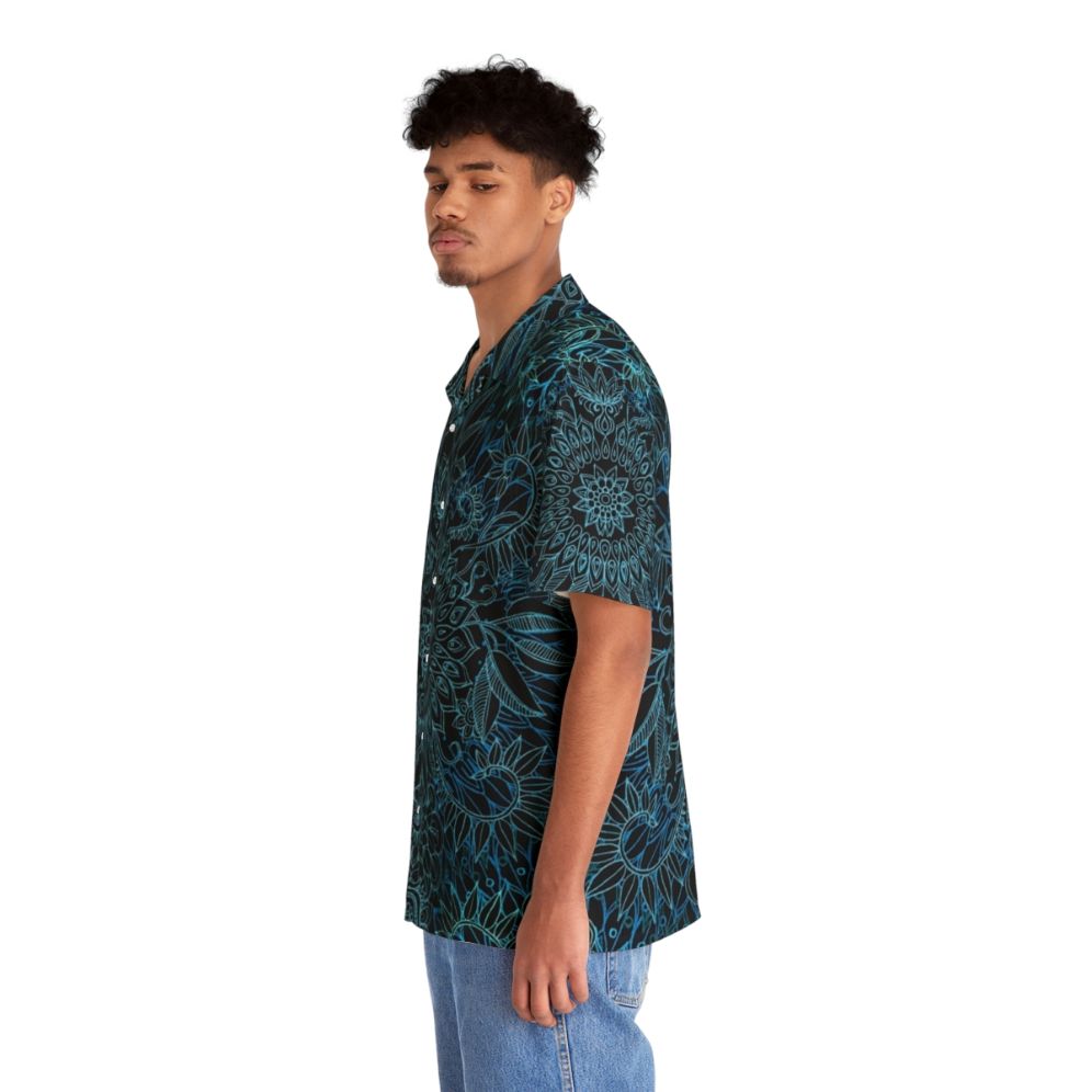 Black Teal Aqua Protea Doodle Pattern Hawaiian Shirt - People Left