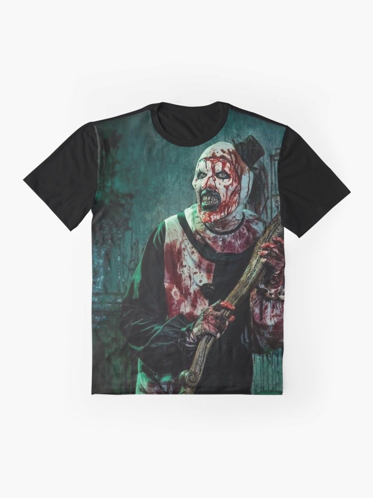 Terrifier 2 horror movie graphic t-shirt featuring Art the Clown, a terrifying clown character from the Terrifier film series. - Flat lay