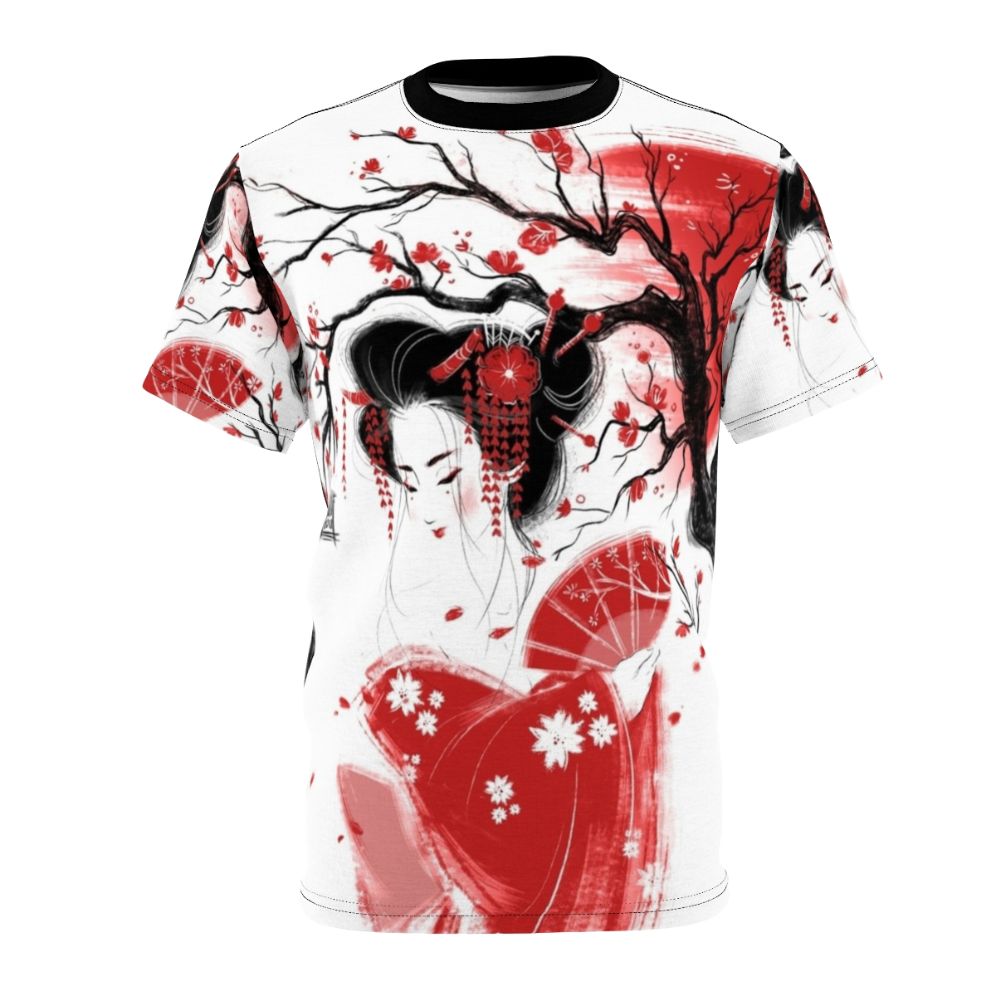 Red and white geisha girl sketch design on a t-shirt