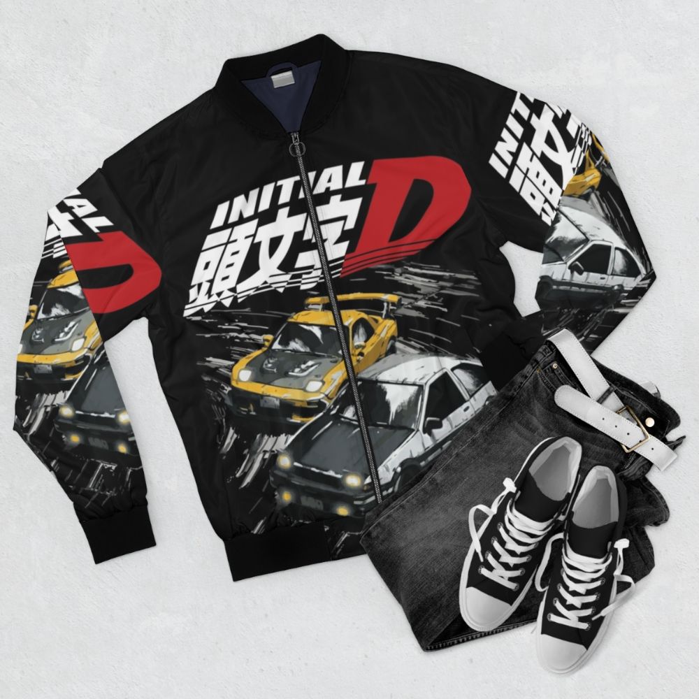 Initial D inspired bomber jacket featuring the Toyota AE86 Trueno and Mazda FD RX-7 for drifting enthusiasts - Flat lay