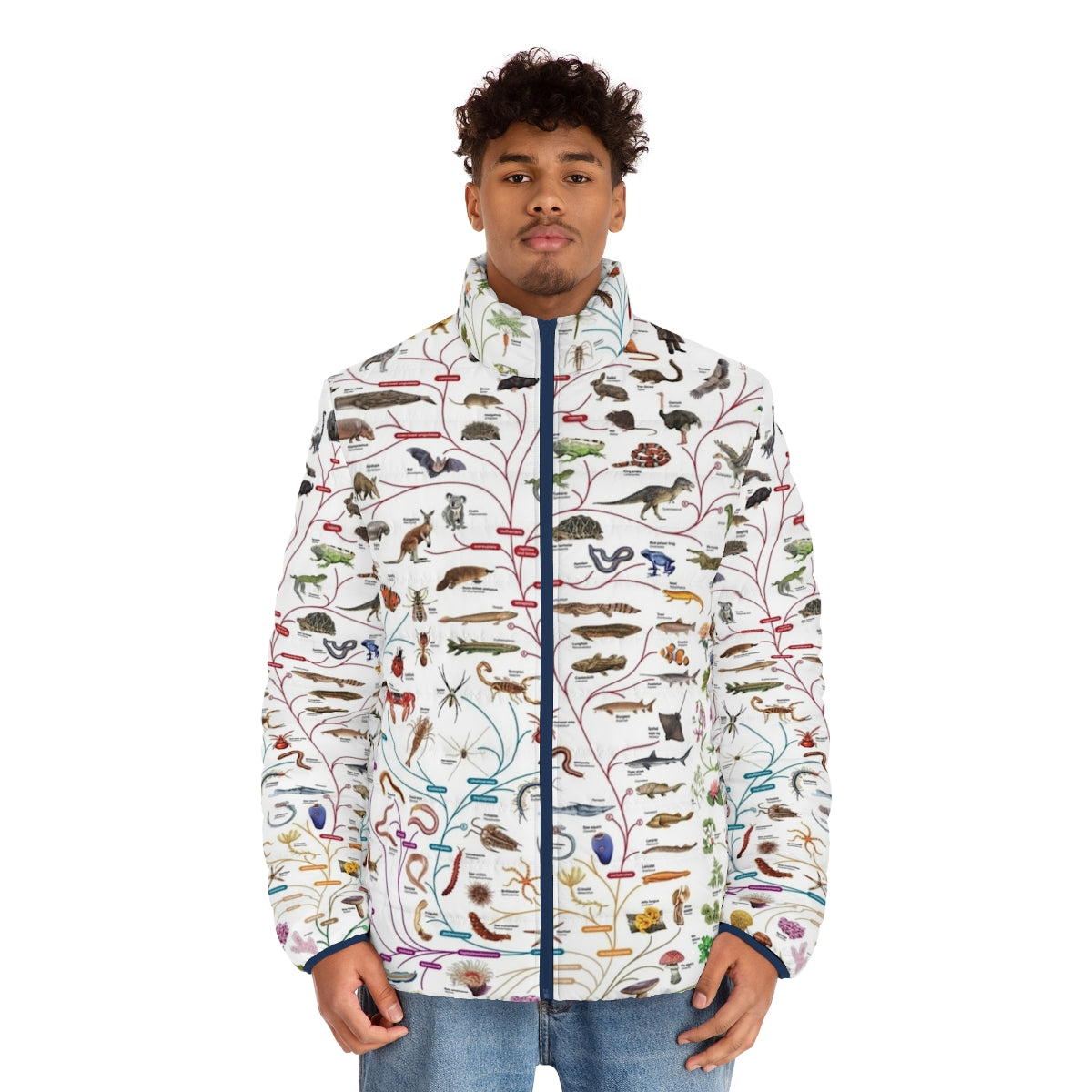 Puffer jacket featuring a design of the Darwinian tree of life representing evolution and biodiversity - men front