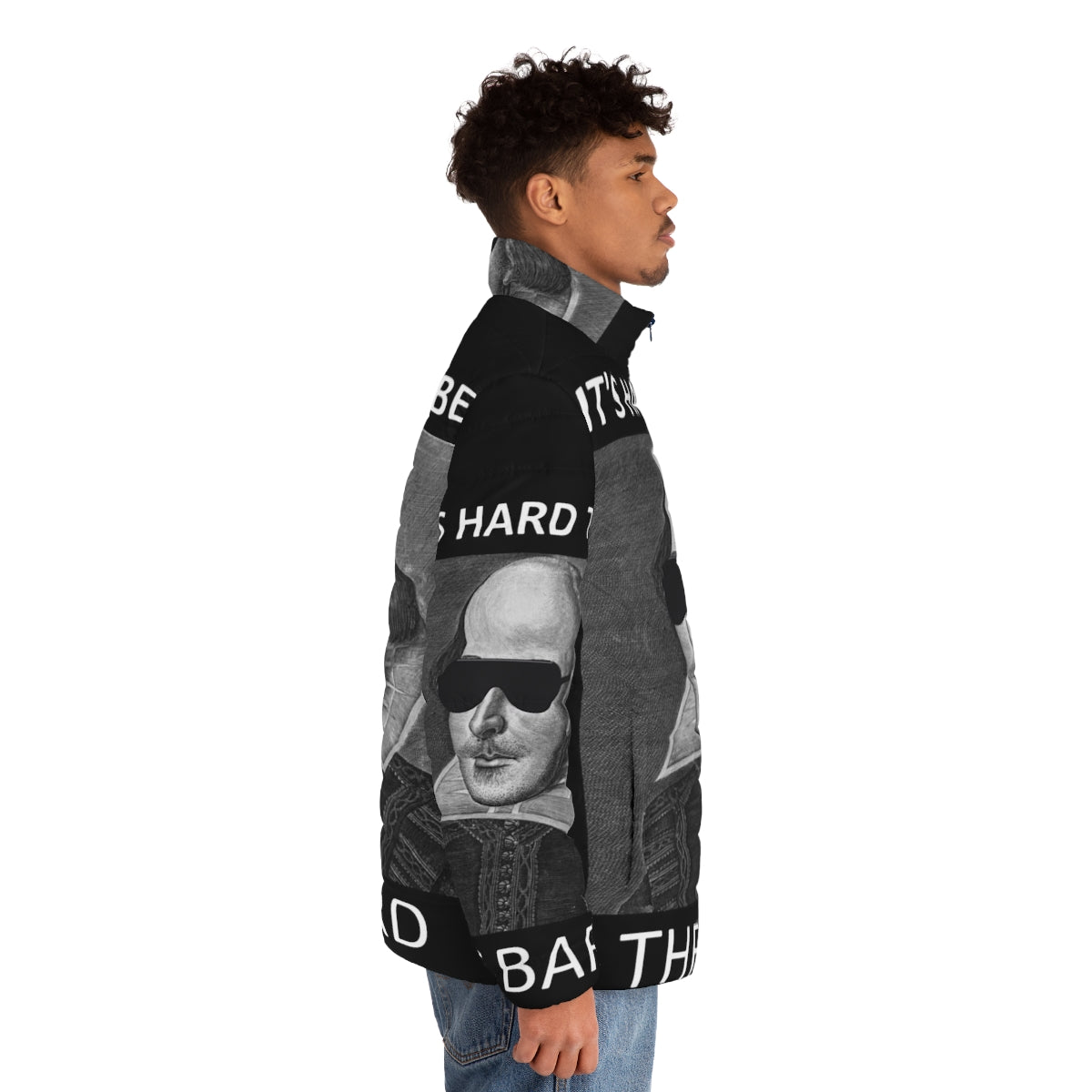 A puffer jacket featuring the quote "It's Hard to Be the Bard" from the Broadway musical "Something Rotten" - men side right