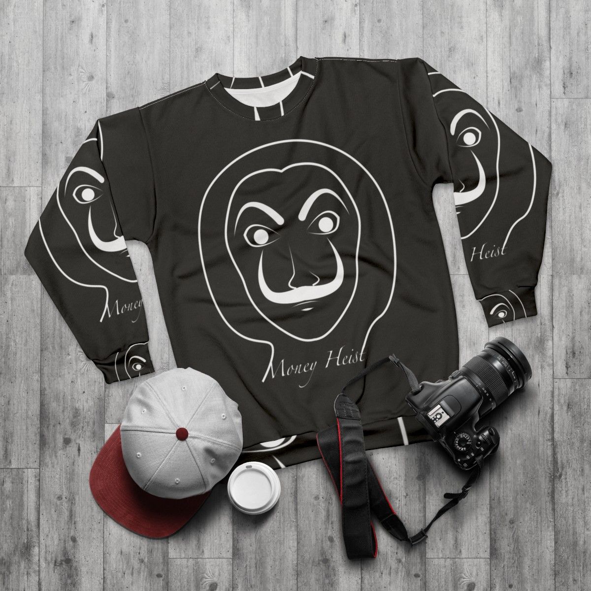 Money Heist Sweatshirt featuring Dali mask and "Bella Ciao" text - flat lay