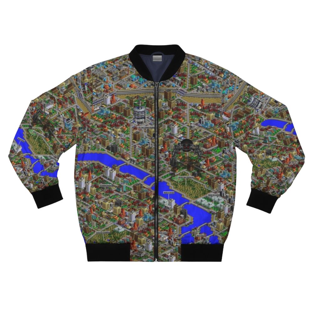 A retro-style bomber jacket featuring the iconic SimCity 2000 game logo and pixel art design.