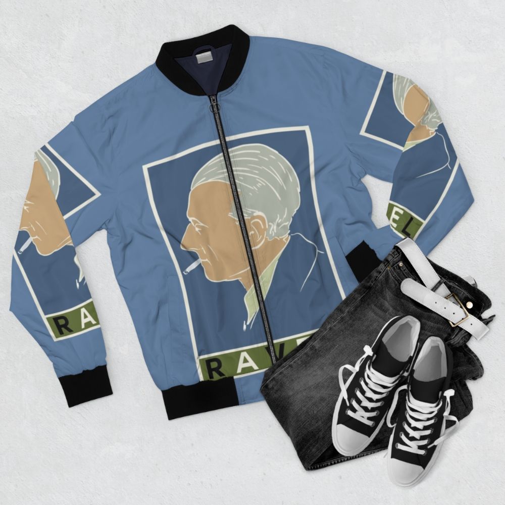 Vintage-style bomber jacket featuring the name and image of classical music composer Maurice Ravel - Flat lay