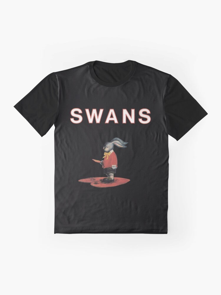 Swan graphic design on a black t-shirt for alternative rock music fans - Flat lay