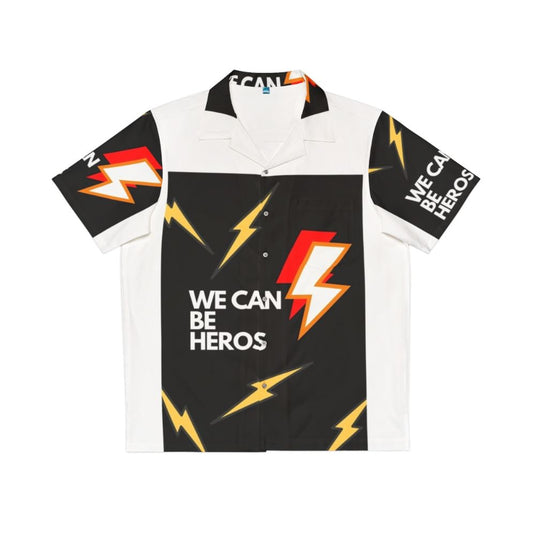 Model wearing a "We Can Be Heros" Hawaiian shirt with a lightning print design