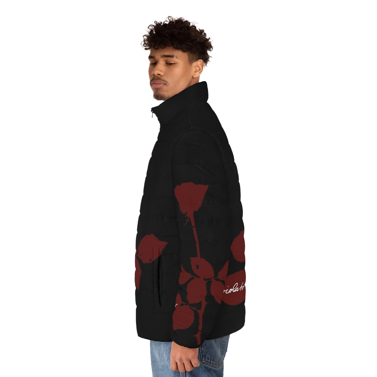 A cozy puffer jacket featuring a rose design, perfect for music lovers and best friends - men side left