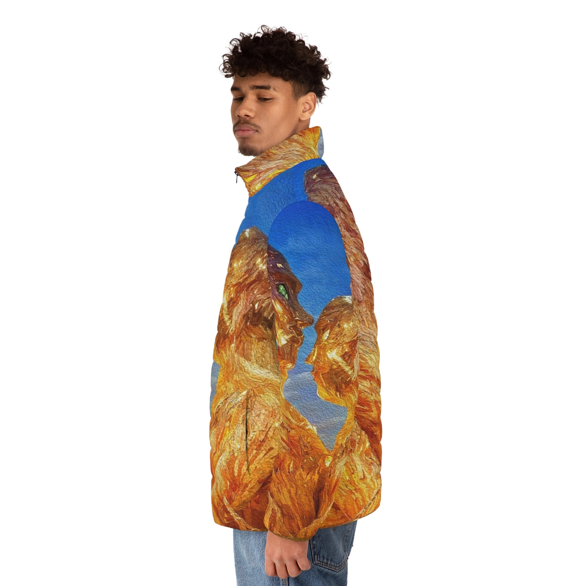 Burning man digital oil painting puffer jacket with dance, music, and nightlife design - men side left