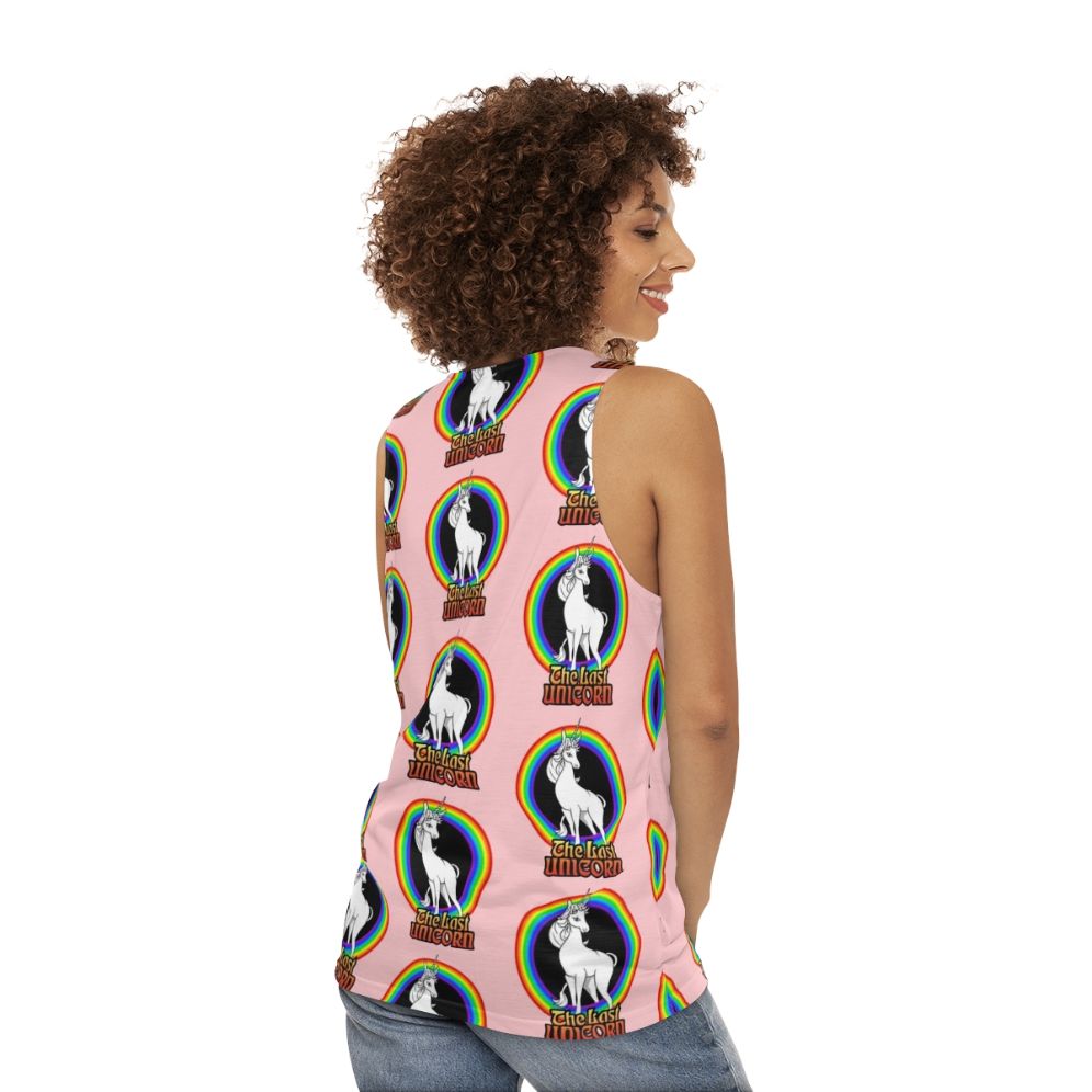 Unisex tank top featuring a white unicorn against a rainbow backdrop - women back