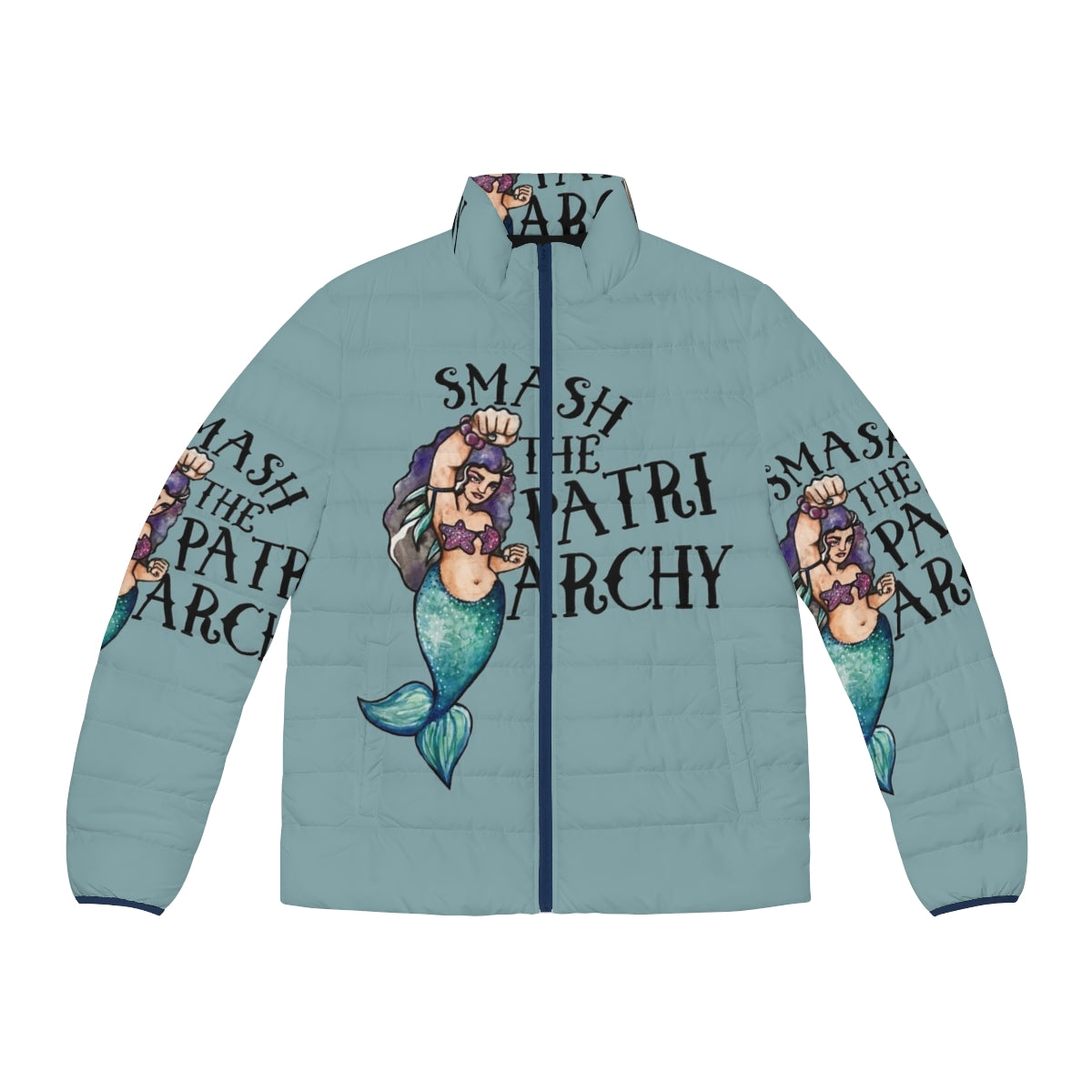 Smash the Patriarchy feminist puffer jacket with mermaid and animal designs