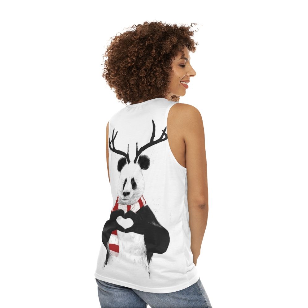 Panda wearing antlers on a Christmas-themed unisex tank top - women back