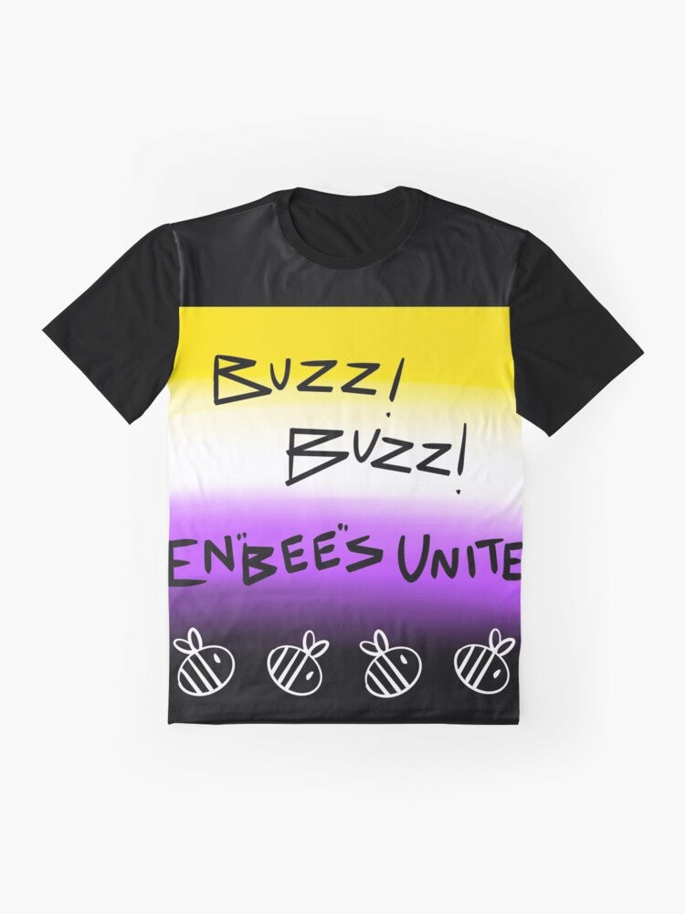 A graphic t-shirt featuring the text "EnBees Unite!" with a rainbow and bees, celebrating transgender and non-binary identities. - Flat lay