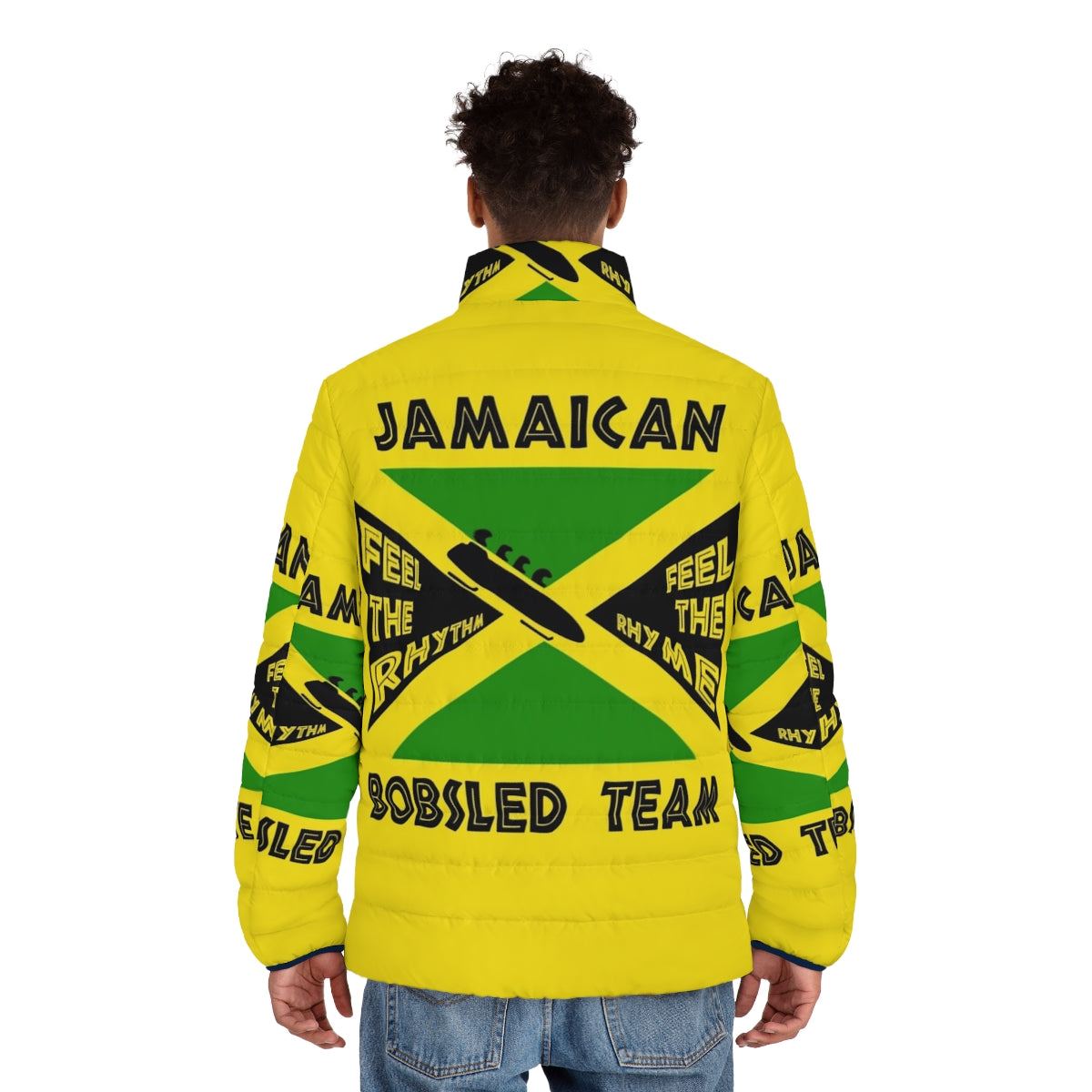 Jamaican bobsled team puffer jacket with retro 90s design inspired by the movie Cool Runnings - men back