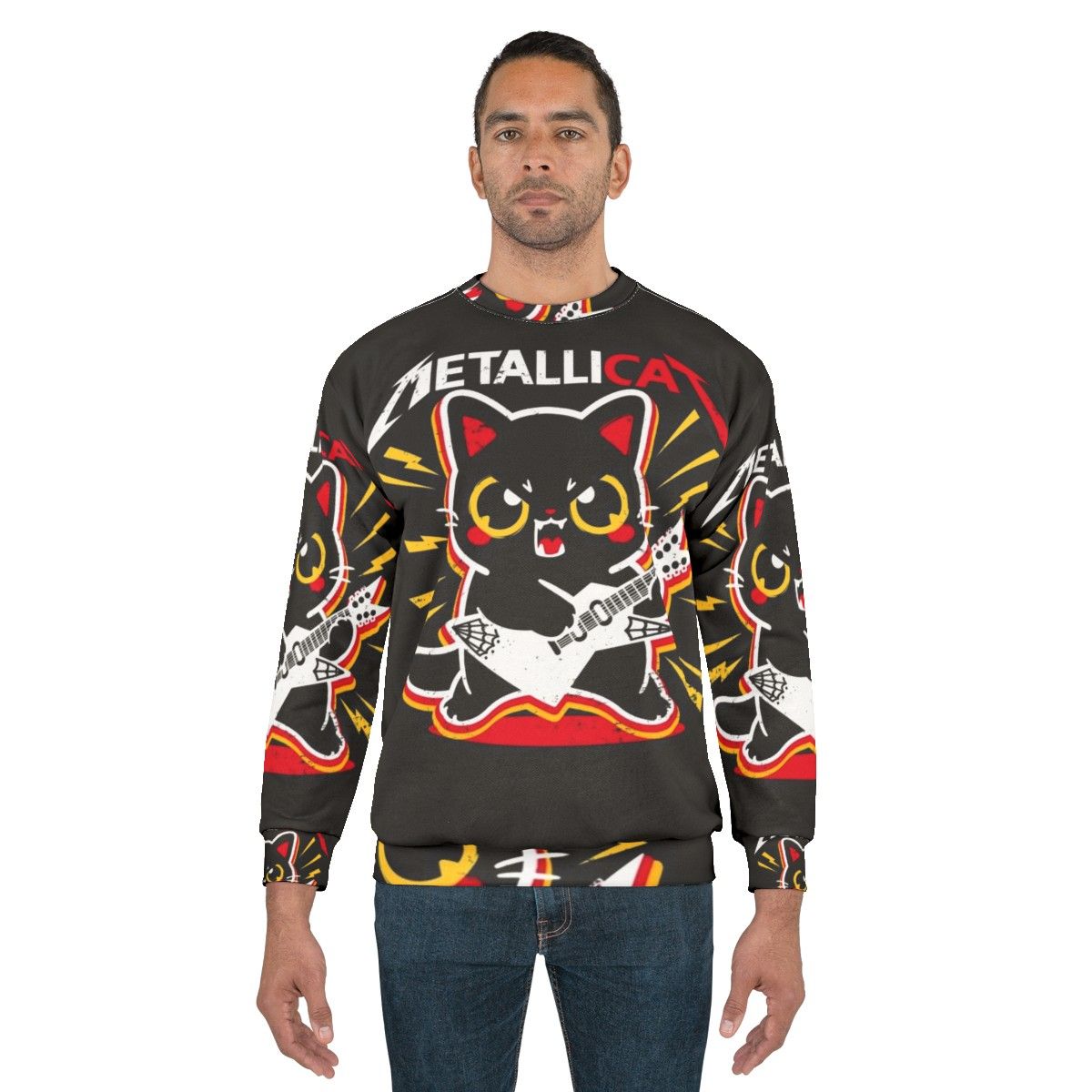 Metallicat metal sweatshirt with a cat pun design - men