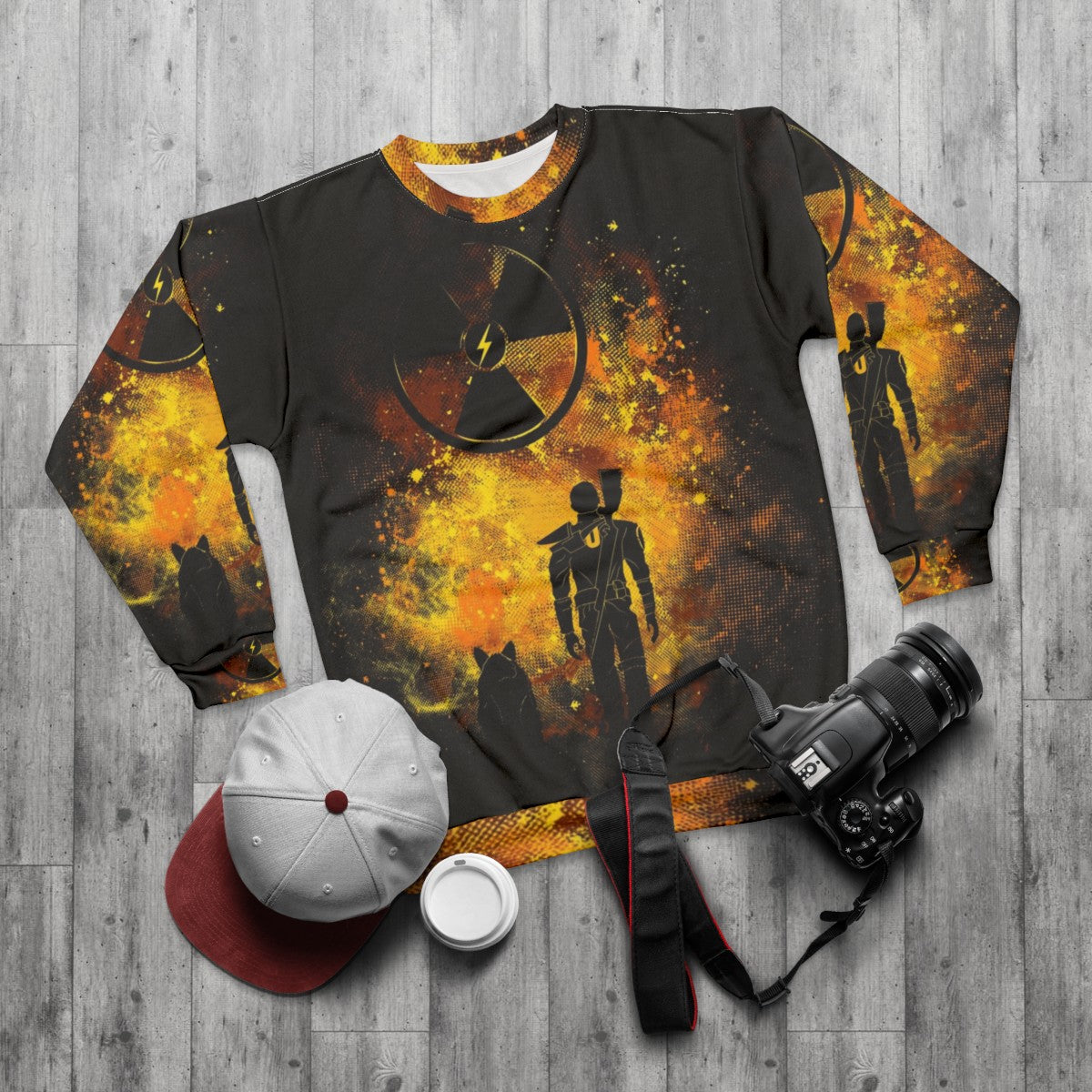 Fallout-themed sweatshirt with post-apocalyptic wasteland artwork - flat lay