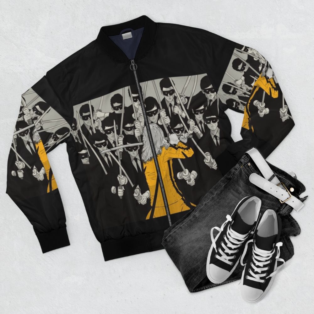 Kill Bill concept art inspired bomber jacket with ninja and anime design elements - Flat lay