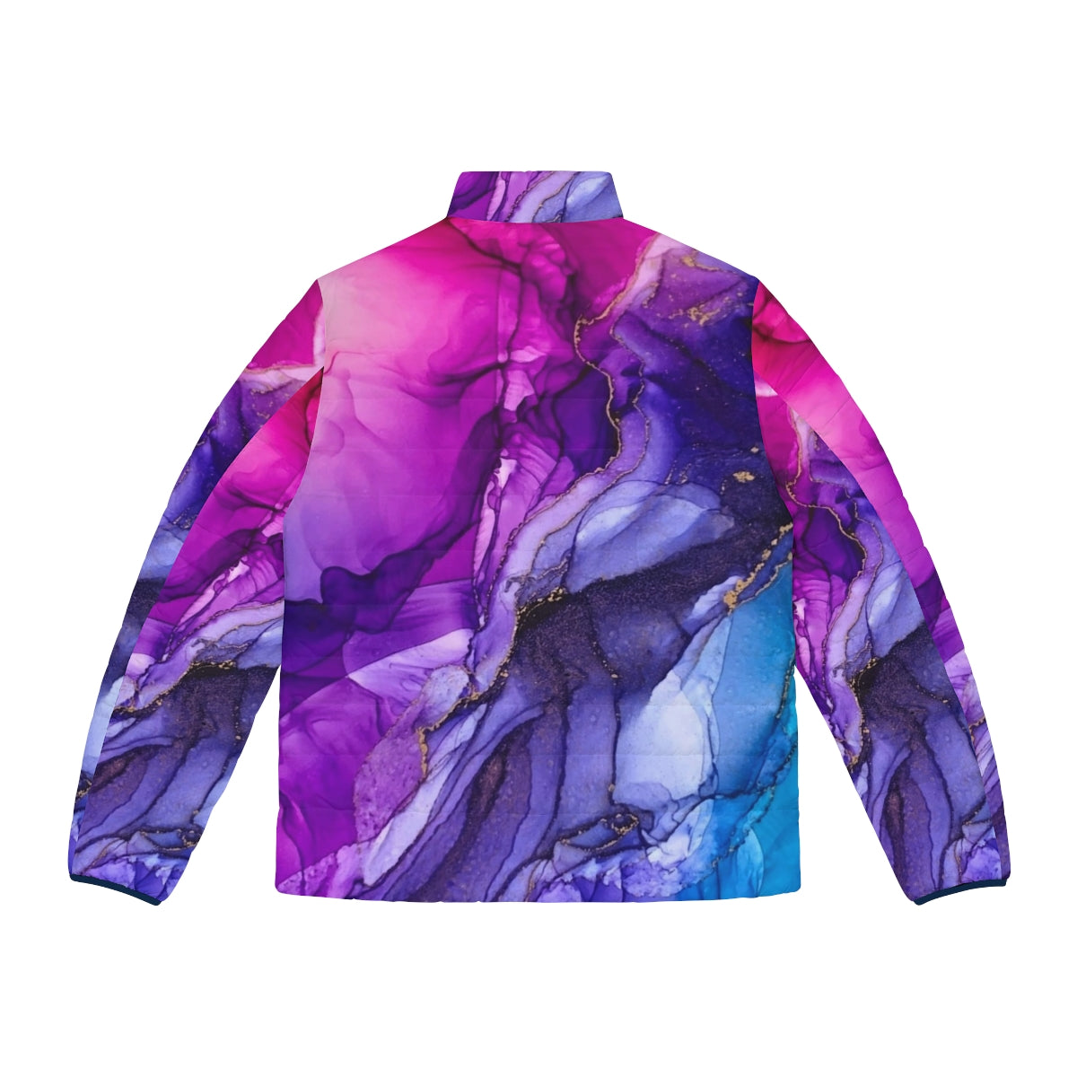 Vibrant abstract rainbow ombre puffer jacket with fluid art inspired design - Back