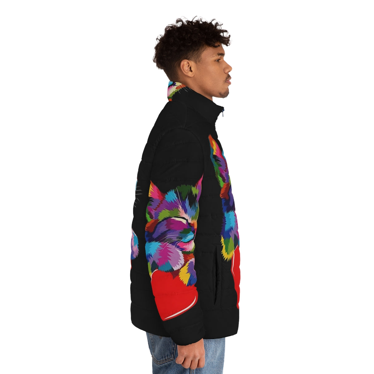 Colorful cat puffer jacket with a heart design - men side right