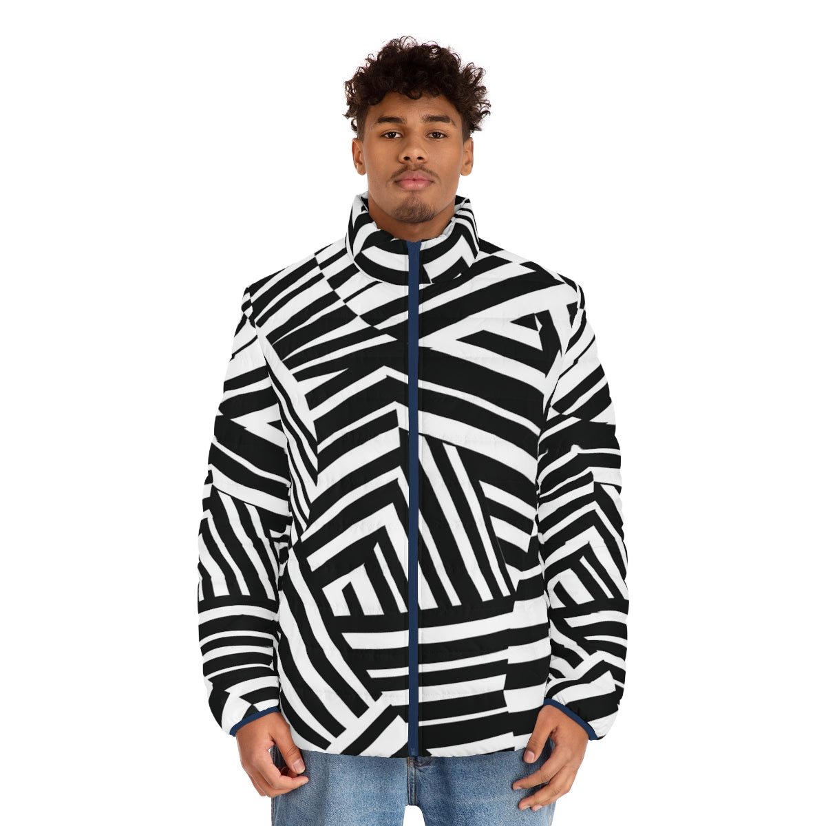 Model wearing a minimalist dazzle camouflage puffer jacket - men front