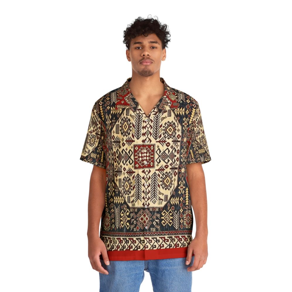 Armenian Folk Art Hawaiian Shirt with Forget-Me-Not Flowers - Lifestyle