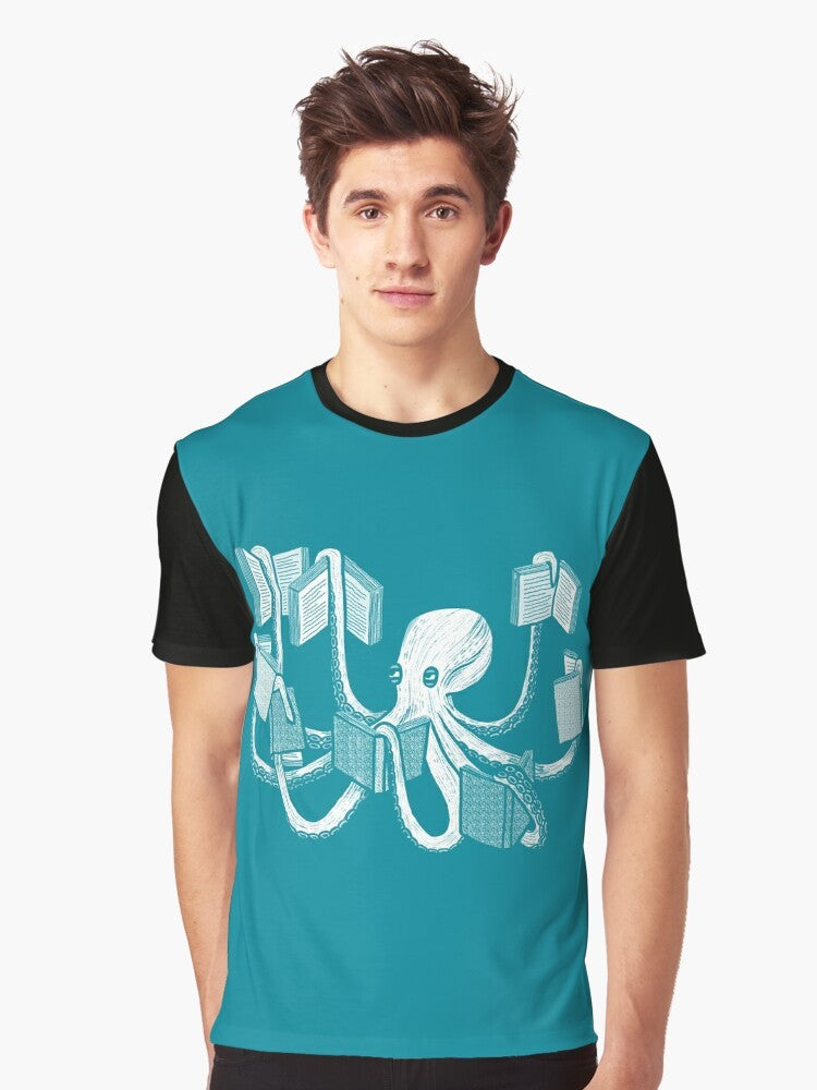 An illustration of an octopus reading a book, with the text "Octopus Reading Book Graphic T-Shirt for Book Lovers". - Men