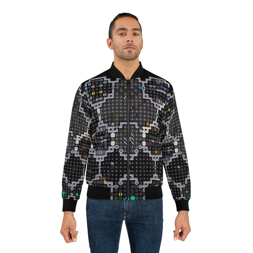 Dwarf Fortress inspired bomber jacket with pixel art tile set graphics - Lifestyle