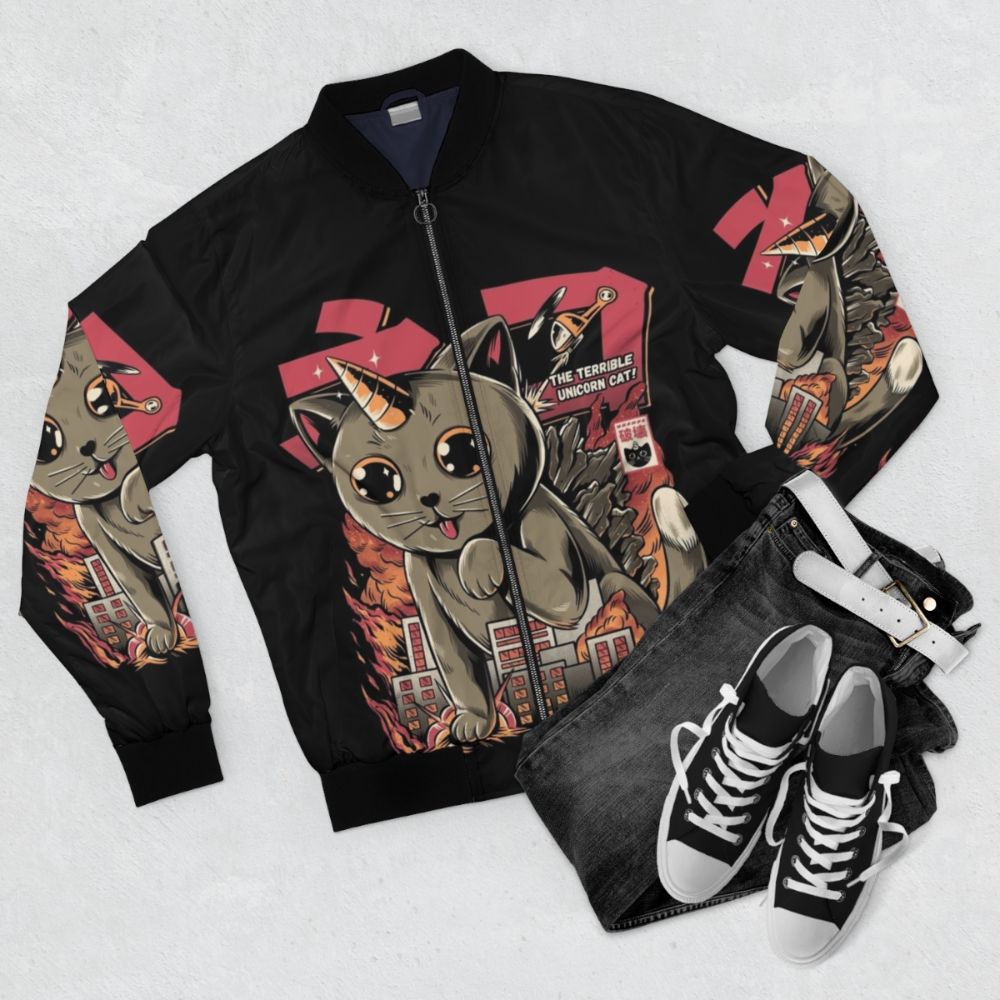 A bomber jacket featuring a cute cat in a kaiju-style design, perfect for fans of Japanese pop culture and monster movies. - Flat lay