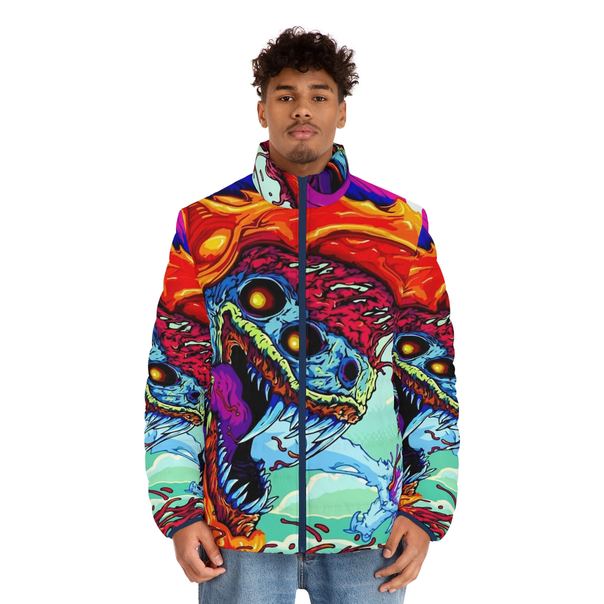 Hyper Beast puffer jacket with vibrant, abstract gaming-inspired design - men front