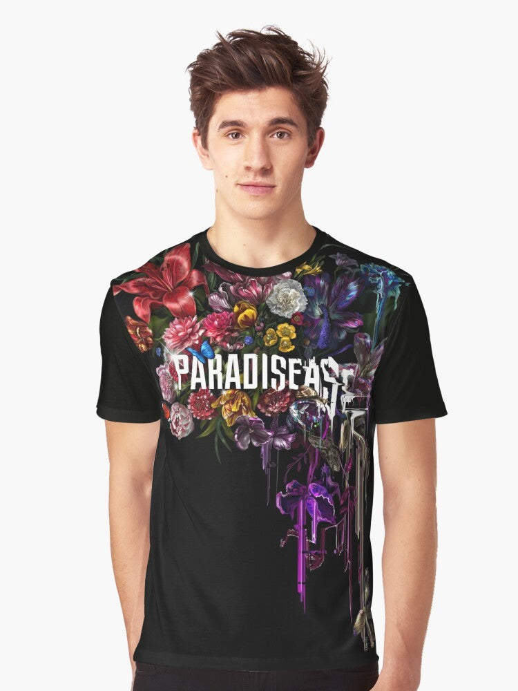 A graphic t-shirt featuring a glitched, floral paradise design with sci-fi and reality elements. - Men