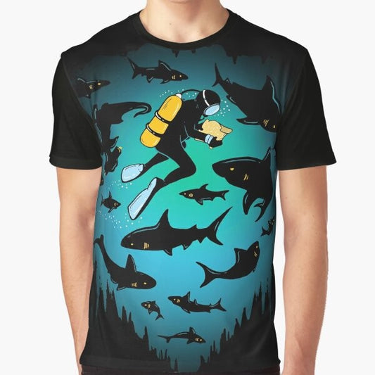 Funny graphic t-shirt featuring an illustration of a scuba diver and a shark underwater, with the text "Screwed".