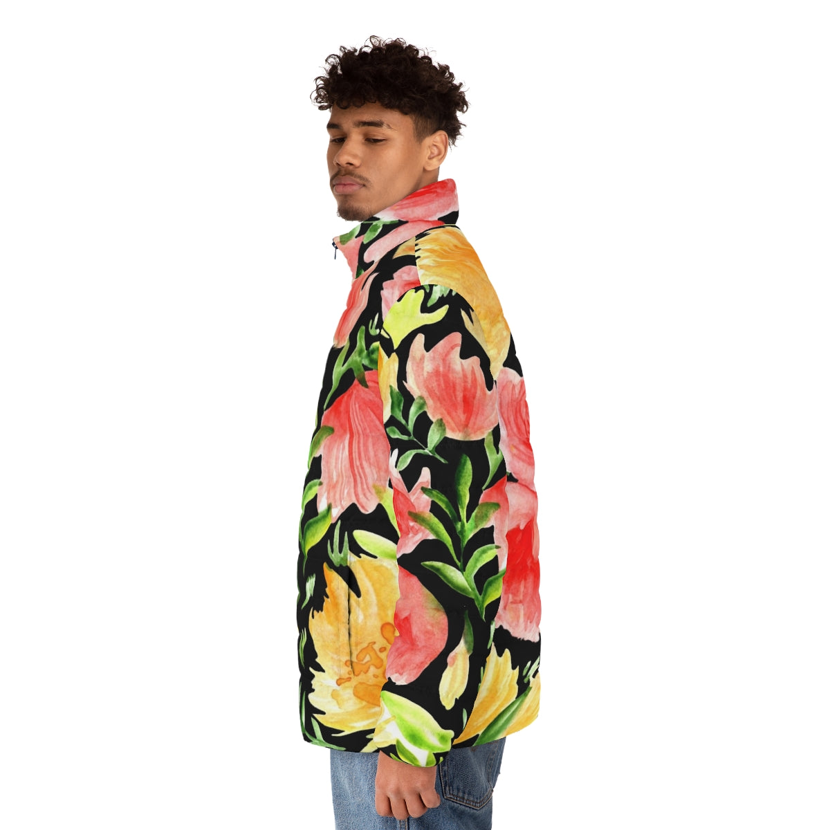 Watercolor floral puffer jacket with black background - men side left