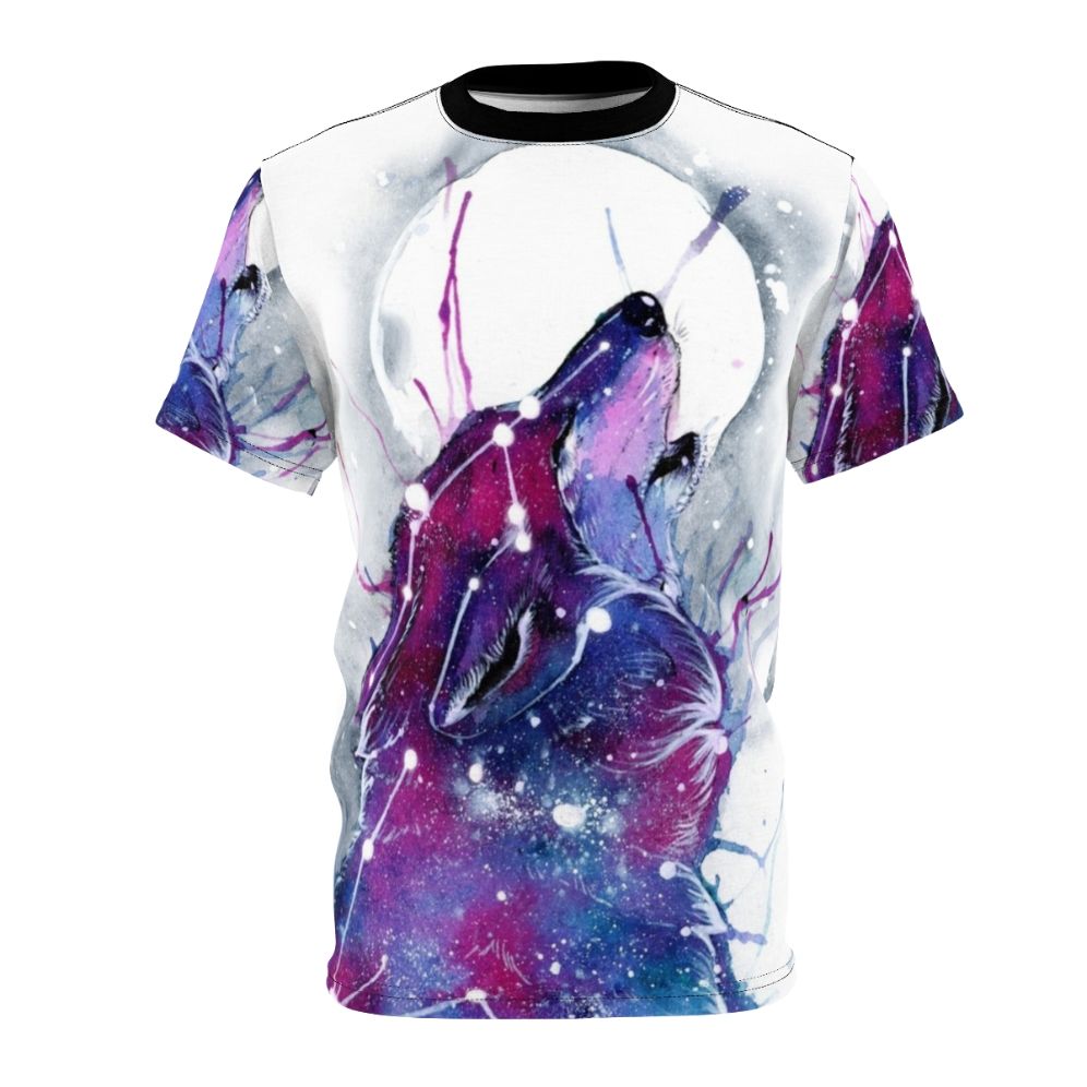 A t-shirt featuring a vibrant galaxy wolf design against a starry space background