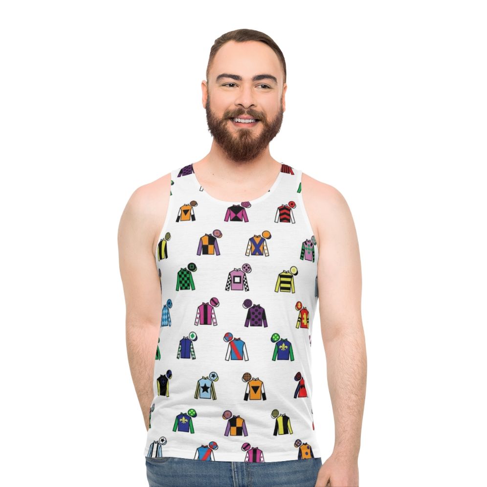 Unisex tank top featuring vibrant jockey silks design - men