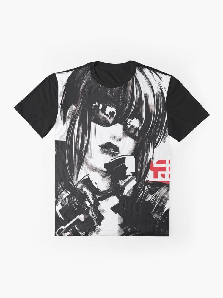 Cyberpunk-inspired urban fashion graphic t-shirt with futuristic, minimalist design - Flat lay