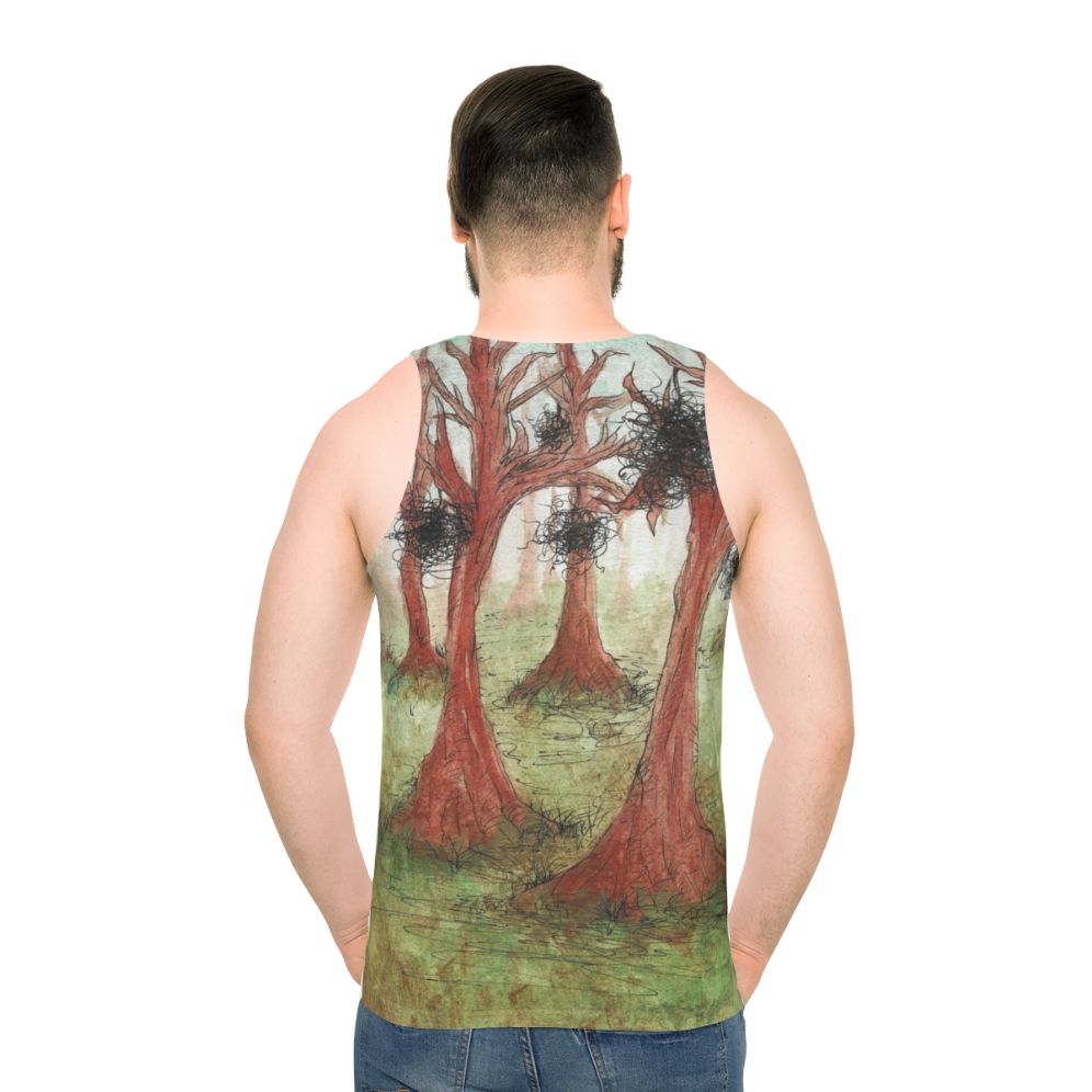 Whimsical abstract watercolor forest landscape unisex tank top - men back