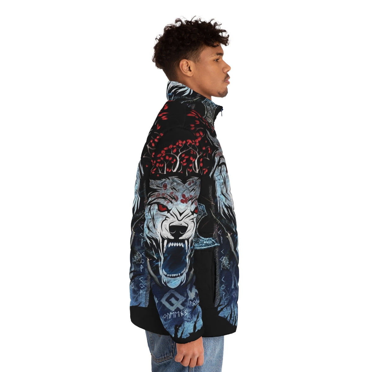 Kqw Banner Puffer Jacket with wolf and Stark house design - men side right