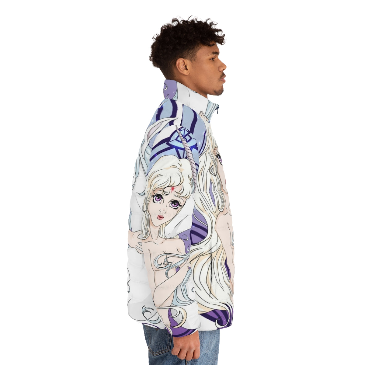 A cozy and stylish unicorn puffer jacket inspired by the classic fantasy film "The Last Unicorn" - men side right